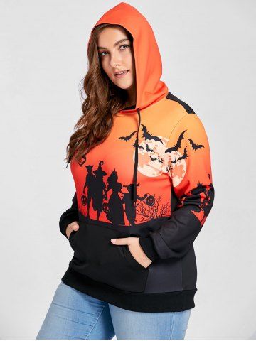 Plus Size Halloween Moon Bat Print Hoodie with Pocket