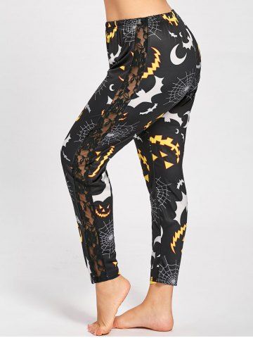 Plus Size Lace Panel Halloween Pumpkin Printed Leggings