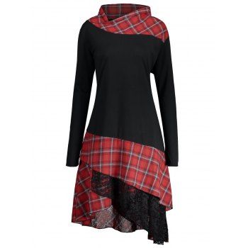 [33% OFF] 2022 Lace Plaid Panel Plus Size Long Top In BLACK/RED | DressLily