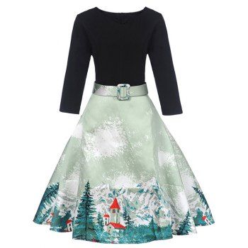 

Landscape Print Retro Dress, Light green