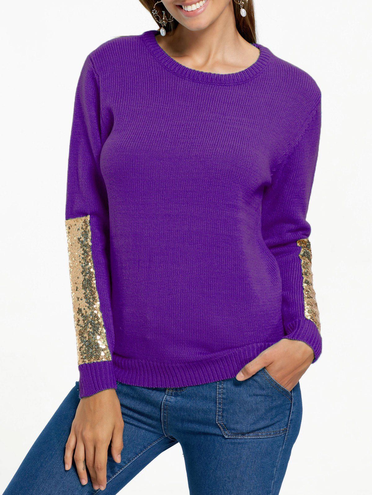 Sequin Panel Pullover Knit Sweater - PURPLE 2XL