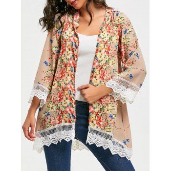 Stylish Collarless Long Sleeve Floral Print Laciness Women`s Kimono Blouse dresslily imagine noua 2022