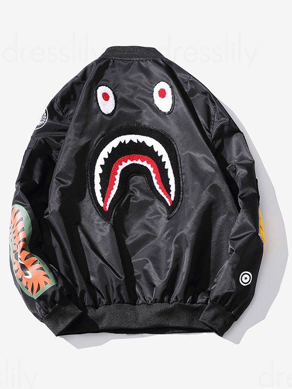 

Zipper Up Patch Bomber Jacket, Black