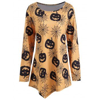 

Plus Size Halloween Pumpkin Net Print Asymmetrical T-shirt, Burnt orange