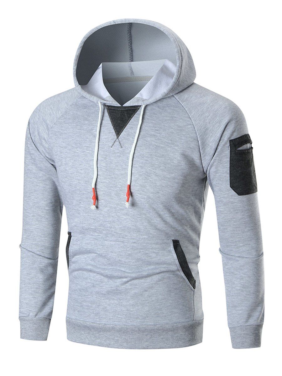 

Pocket Patchwork Pullover Fleece Hoodie, Gray