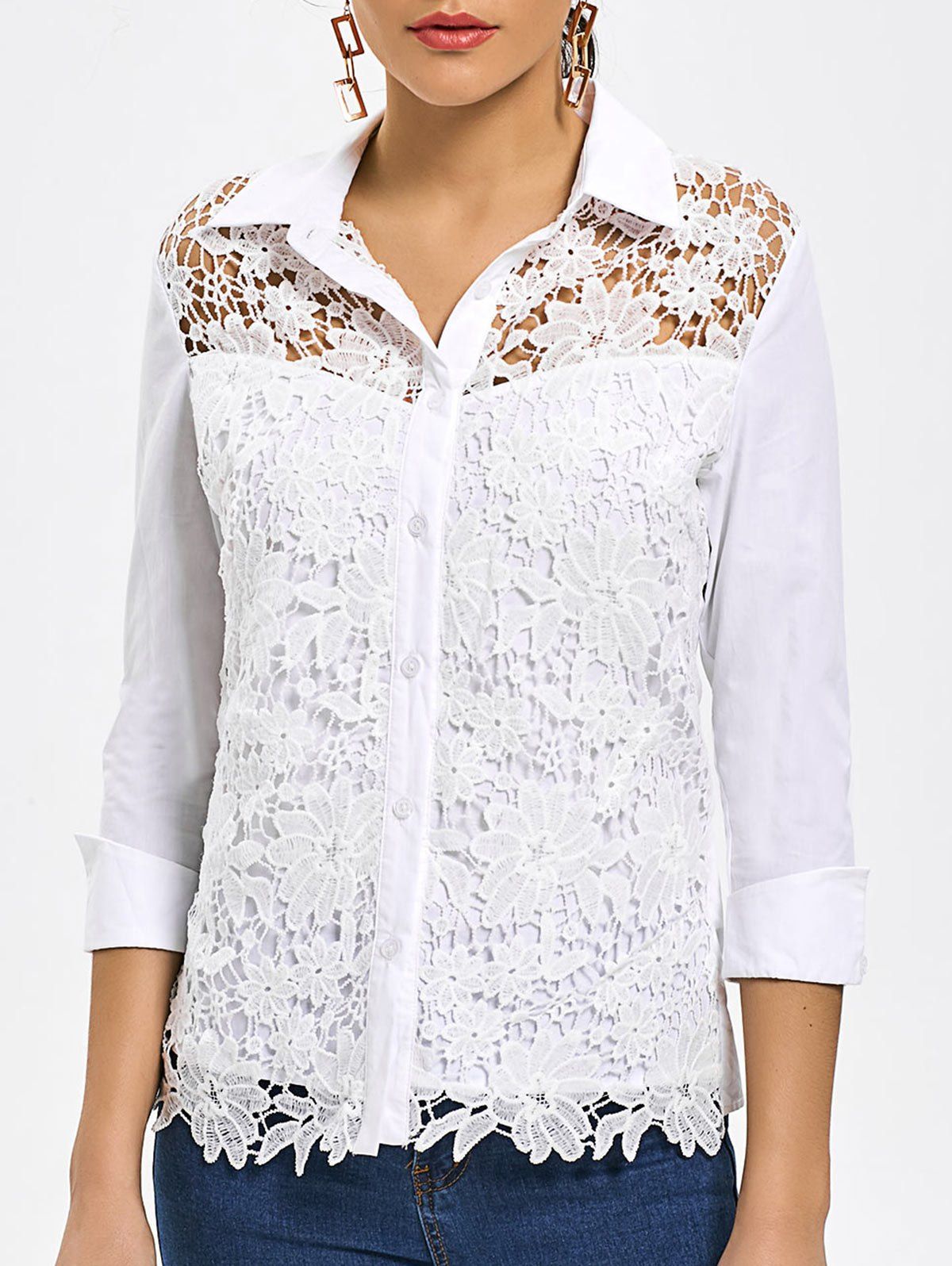 

Hollow Out Button Up Lace Shirt, White