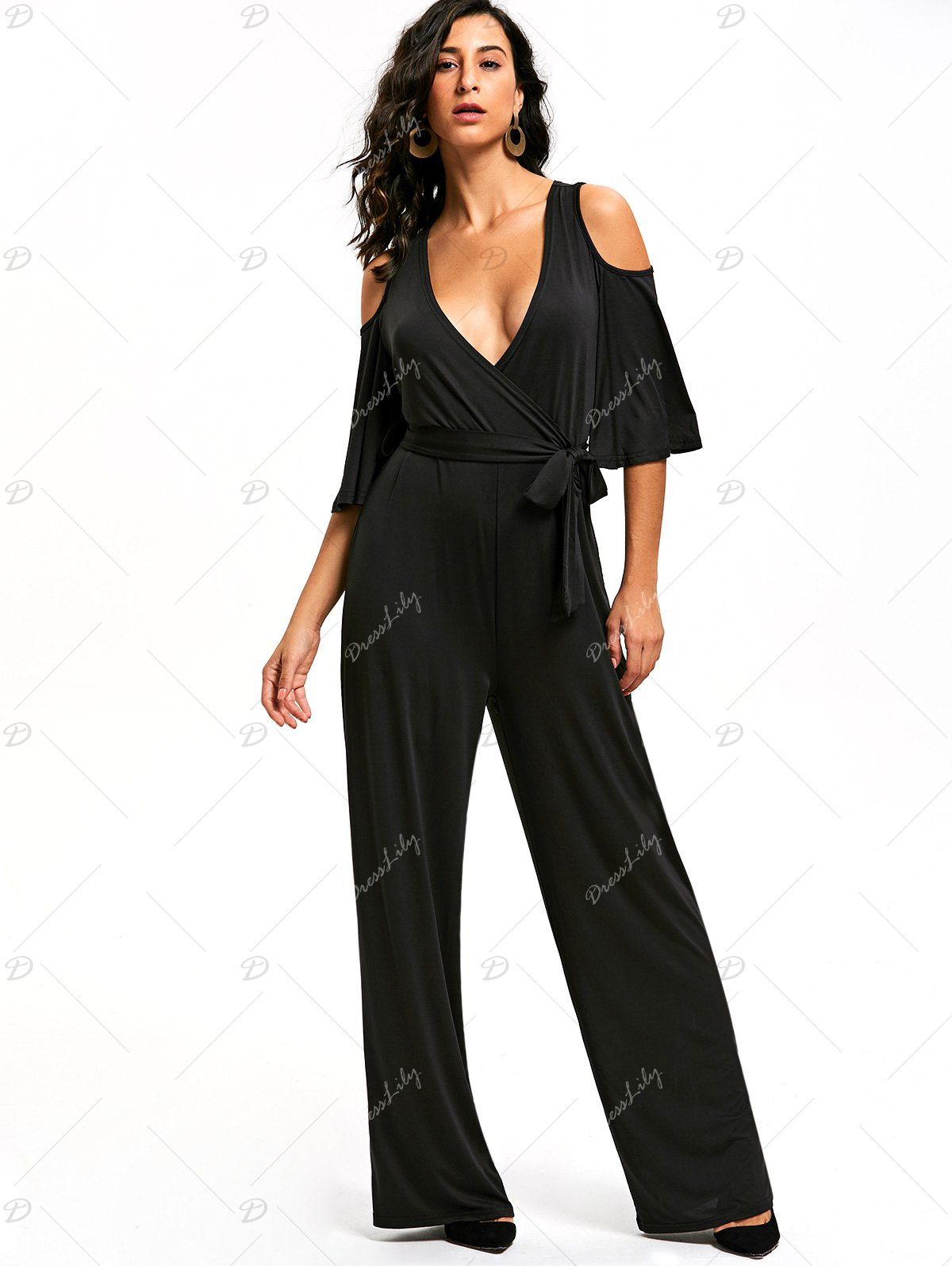 2018 Open Shoulder Low Cut Surplice Jumpsuit BLACK S In Jumpsuits ...