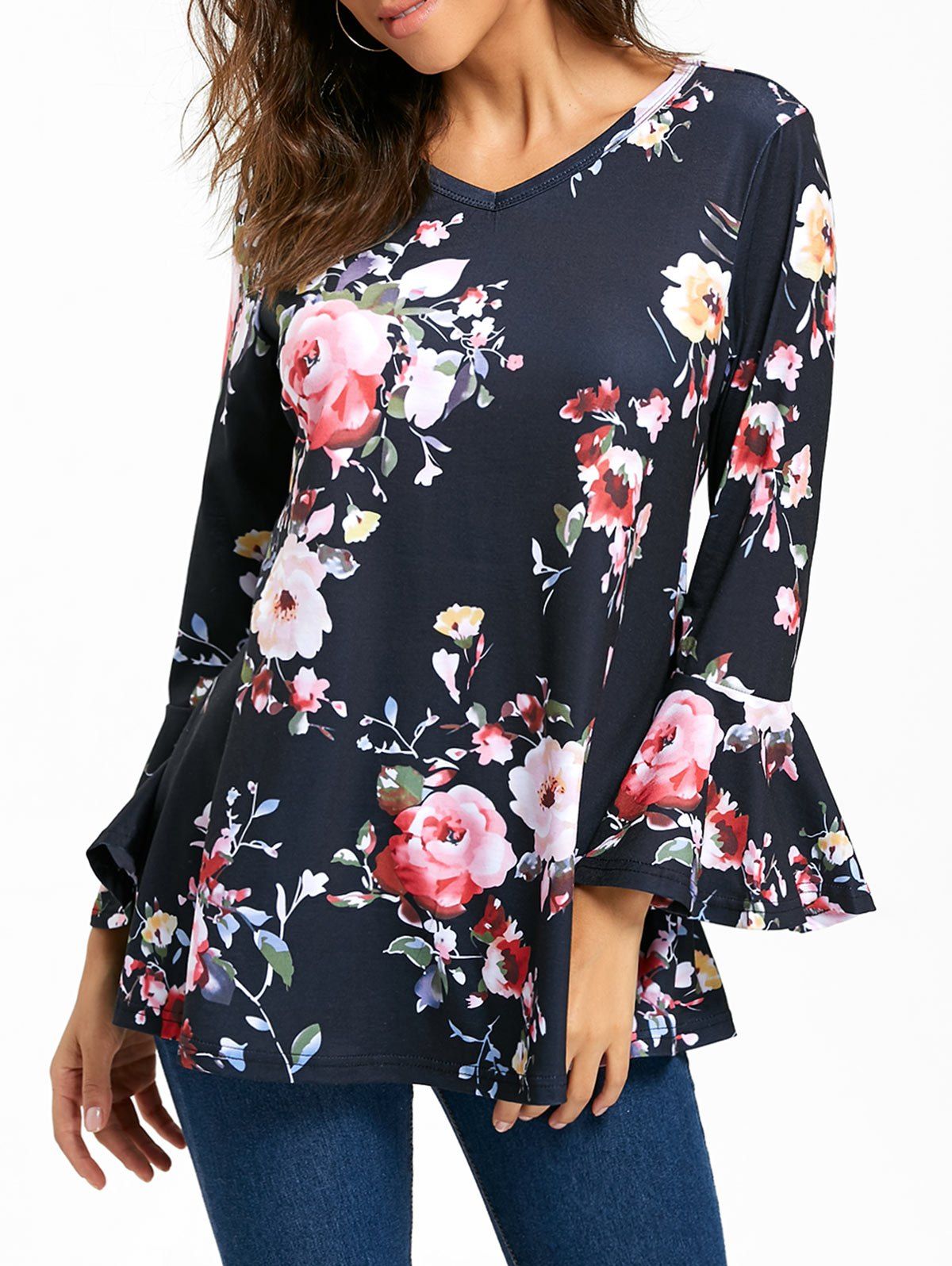 

V Neck Floral Flare Sleeve Tunic Top, Black