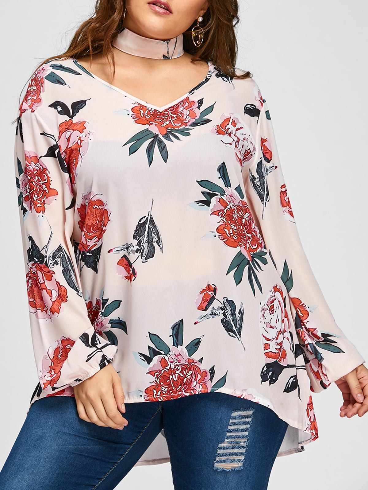 

Plus Size Floral Print Blouse with Choker, Pink