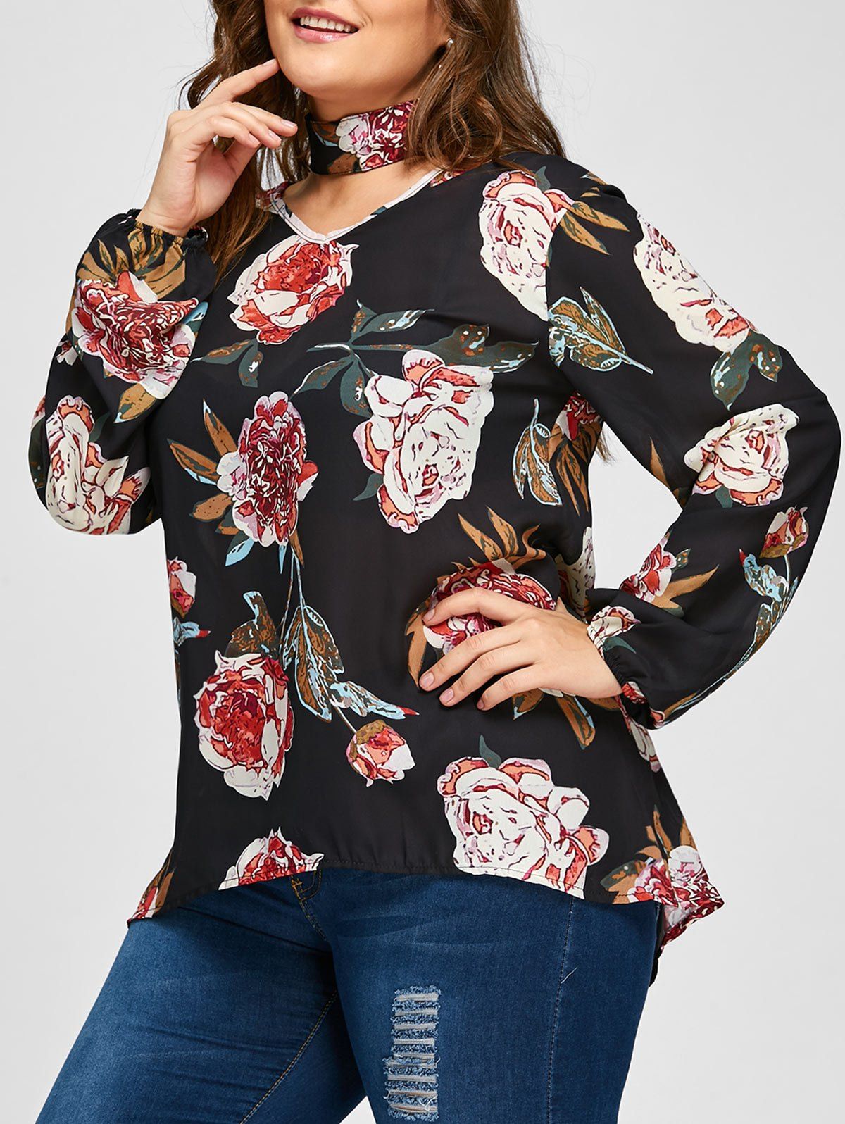 

Plus Size Floral Print Blouse with Choker, Black