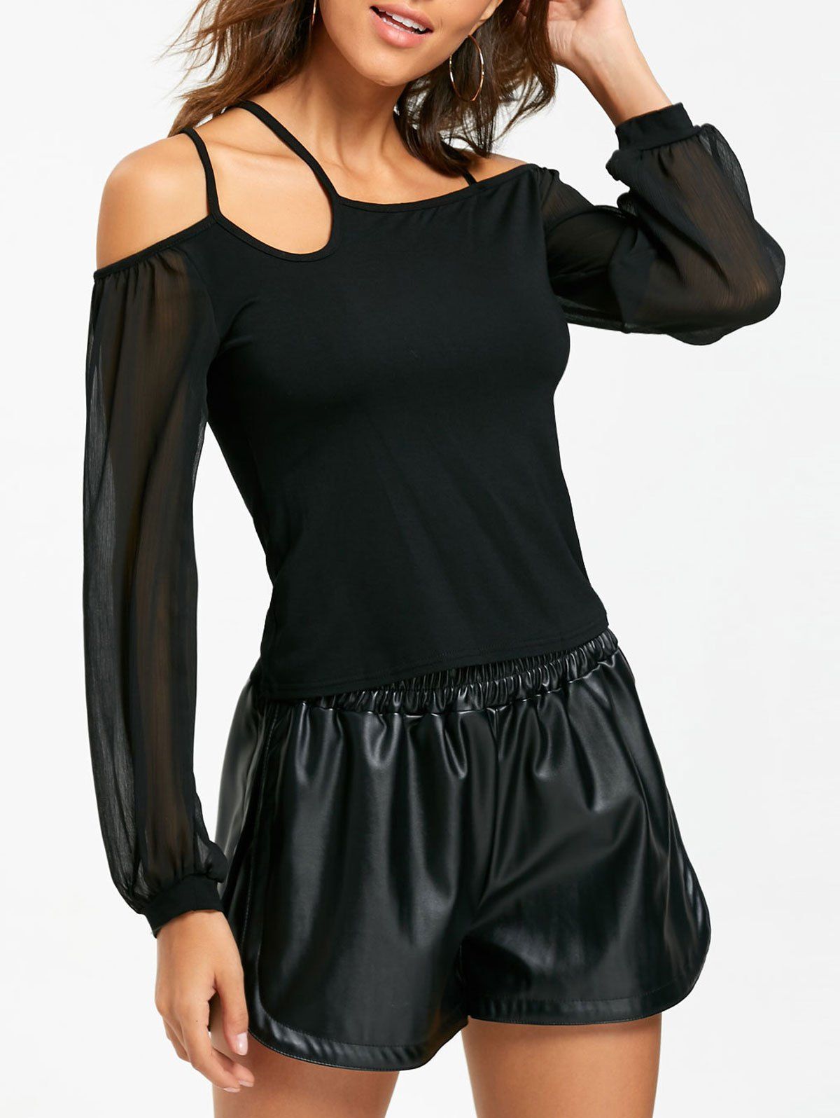 

Cold Shoulder Sheer Chiffon Insert Top, Black
