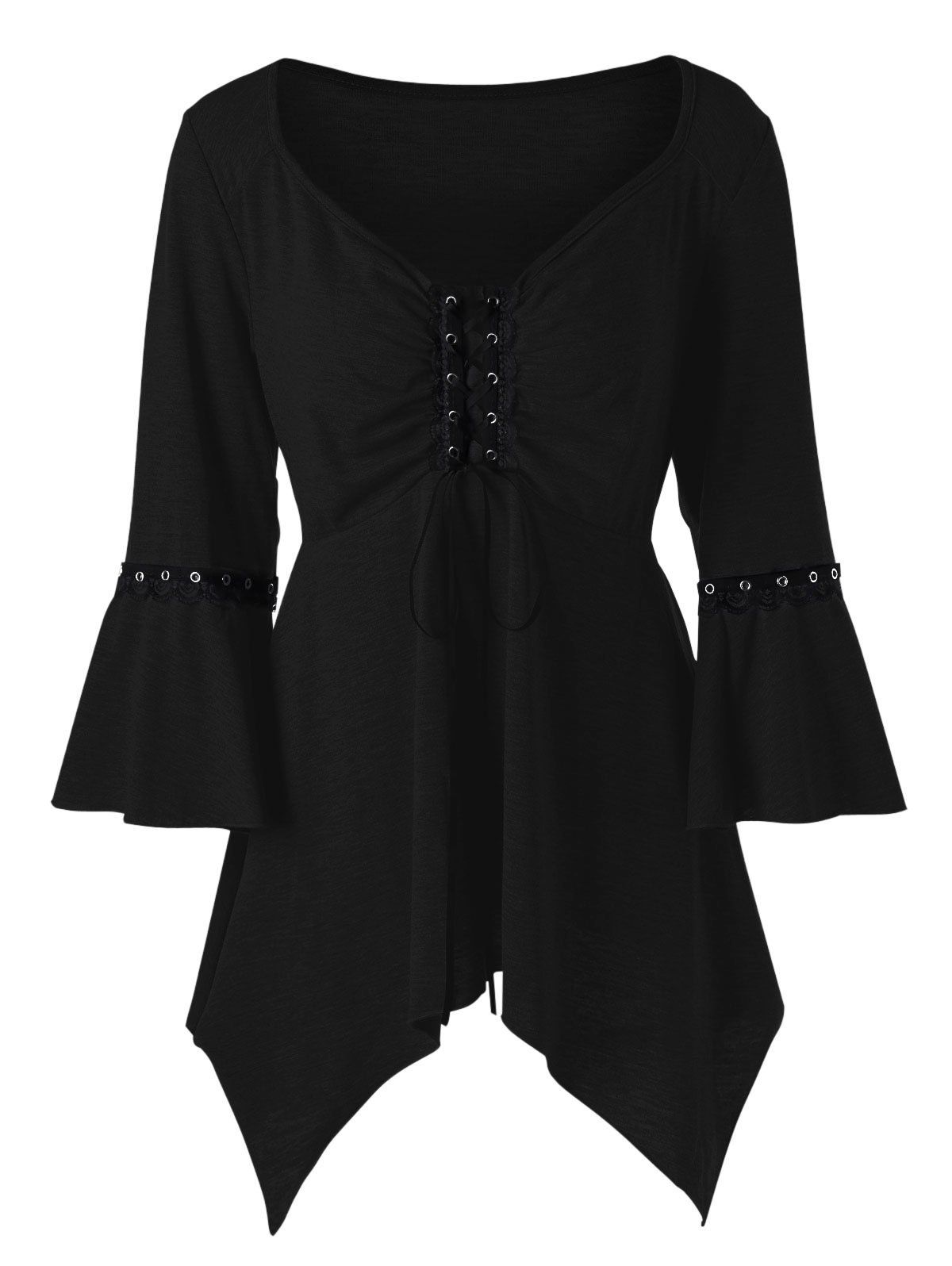 

Plus Size Flare Sleeve Lace Up Top, Black