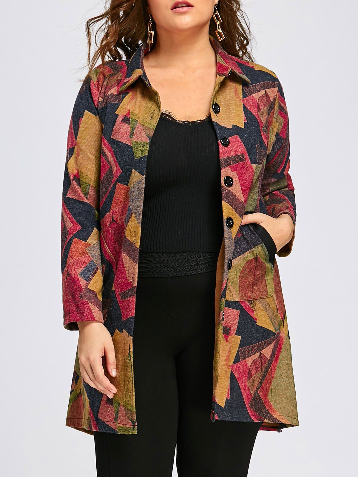 

Plus Size Geometric Printed Long Coat with Pockets, Floral