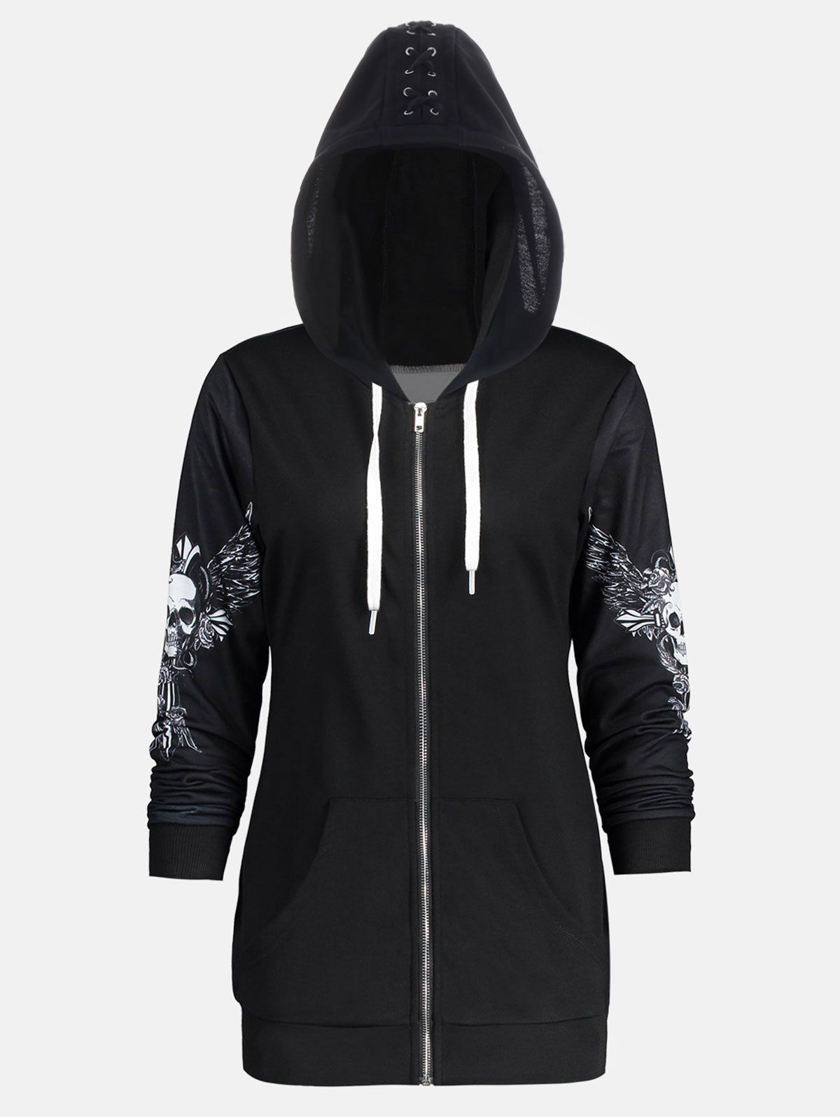 2018 Skull Wings Print Halloween Zip Up Hoodie BLACK S In Sweatshirts & Hoodies Online Store