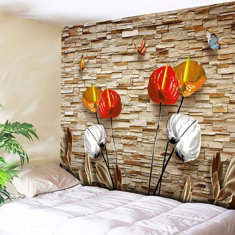 

Bedroom Butterfly Plant Brick Wall Tapestry, Light brown