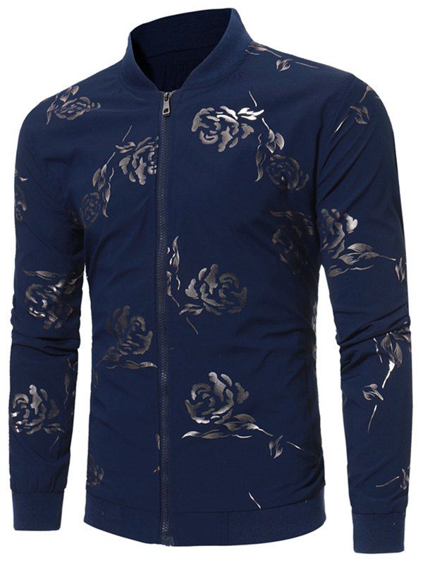 Casual Zip Up Rose Print Jacket - PURPLISH BLUE S
