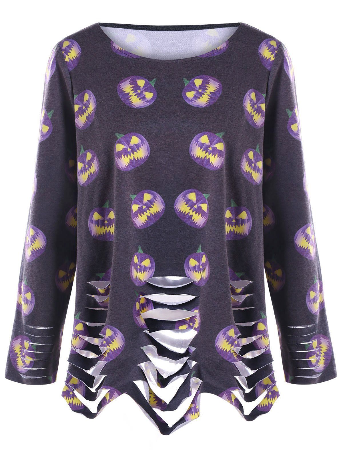 

Halloween Plus Size Pumpkin Print Distressed Top, Dark grey