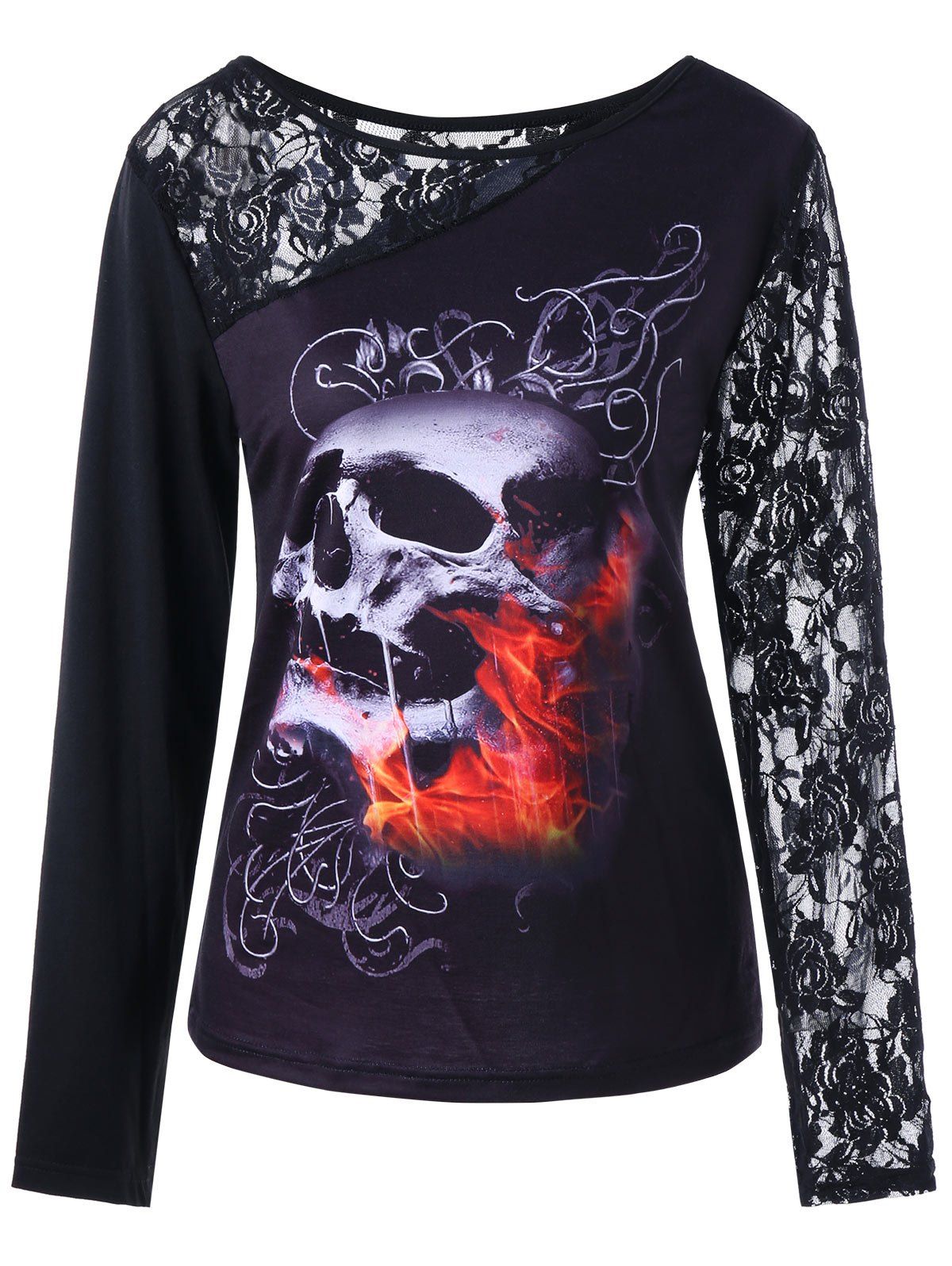

Halloween Long Sleeve Lace Insert Skull Print Top, Black