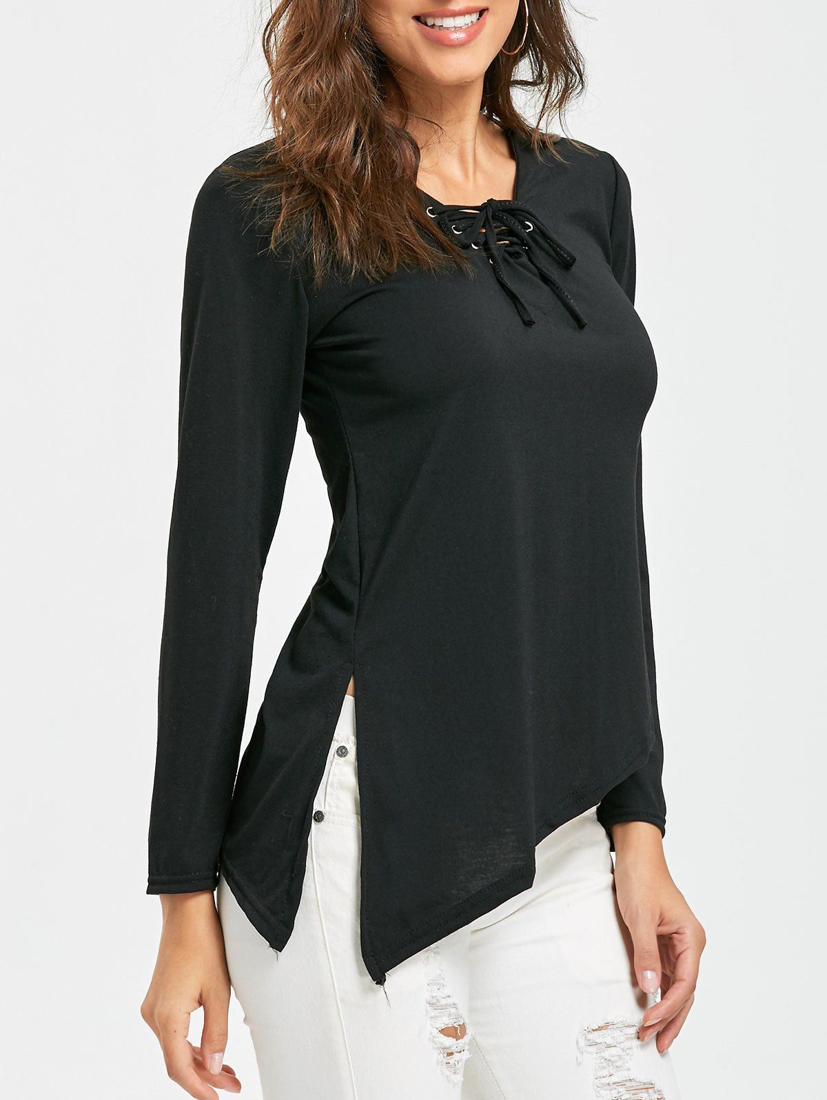 

Slit Asymmetrical Lace Up T-shirt, Black