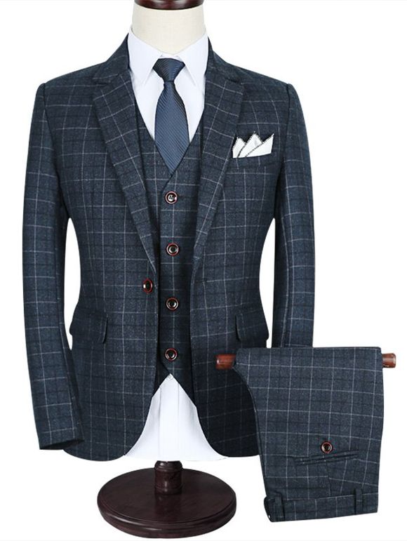 Slim-Fit Checkered Three-Piece Business Suit - Noir 5XL