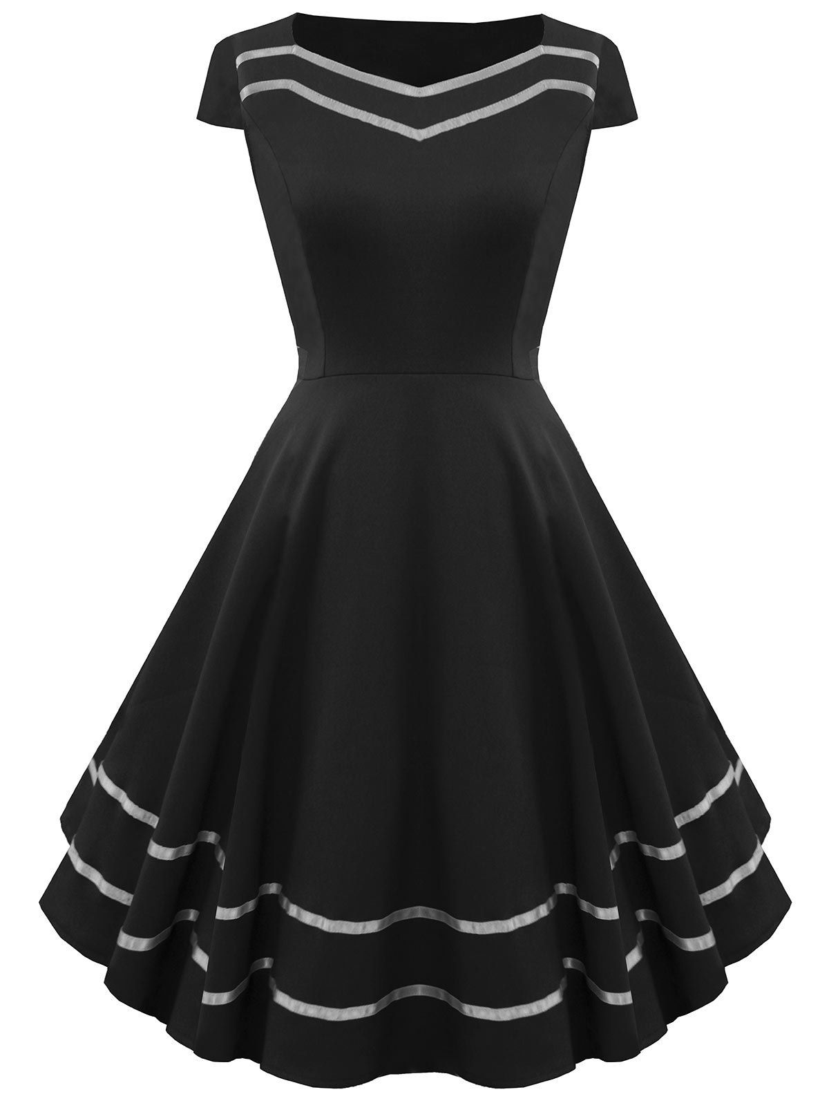 

Striped Sweetheart Fit and Flare Vintage Dress, Black