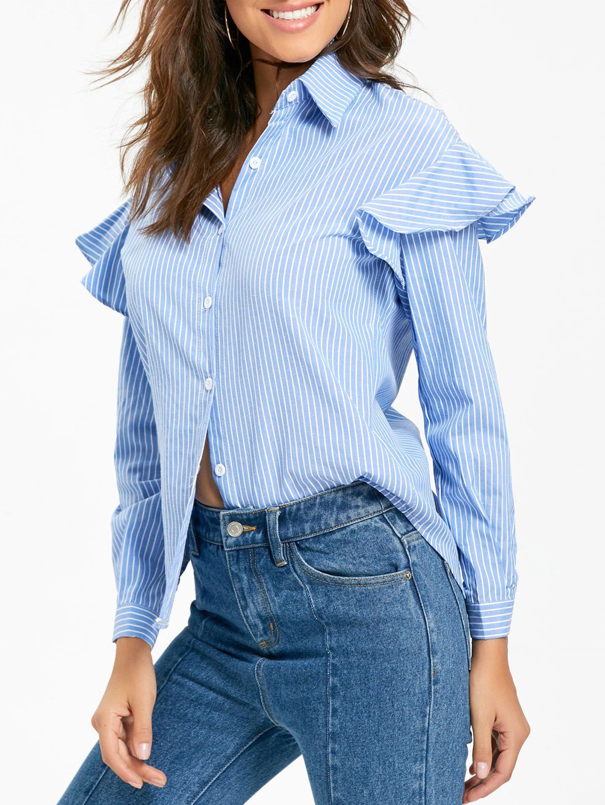 

Ruffle Striped Button Up Shirt, Stripe