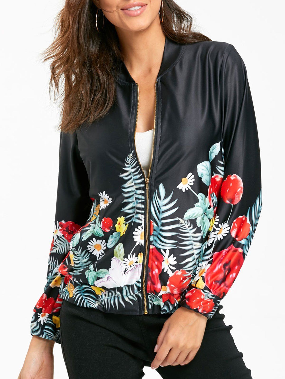 

Zip Up Short Floral Jacket, Black