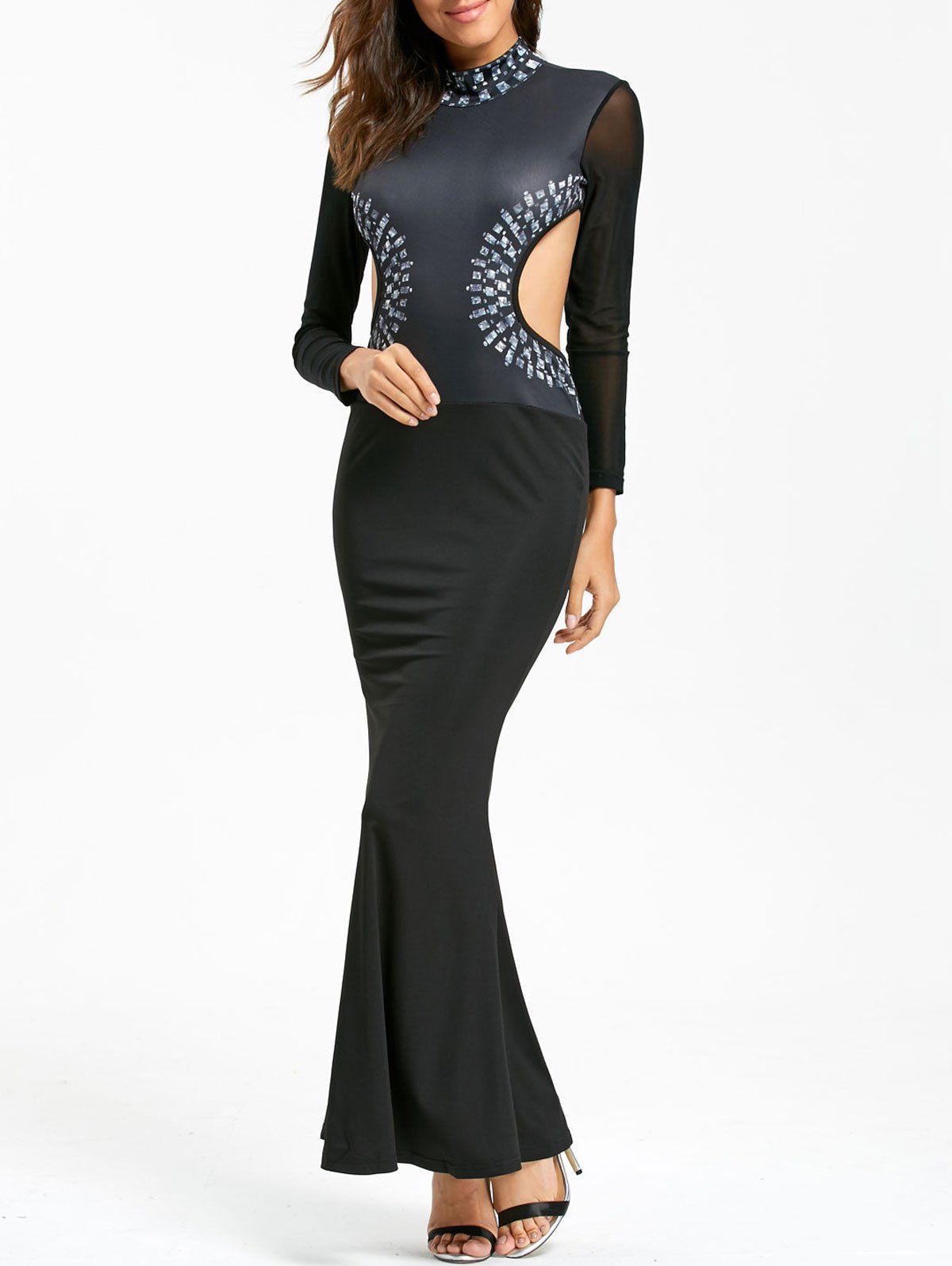 

Cut Out Side Long Sleeve Floor Length Mermaid Dress, Black