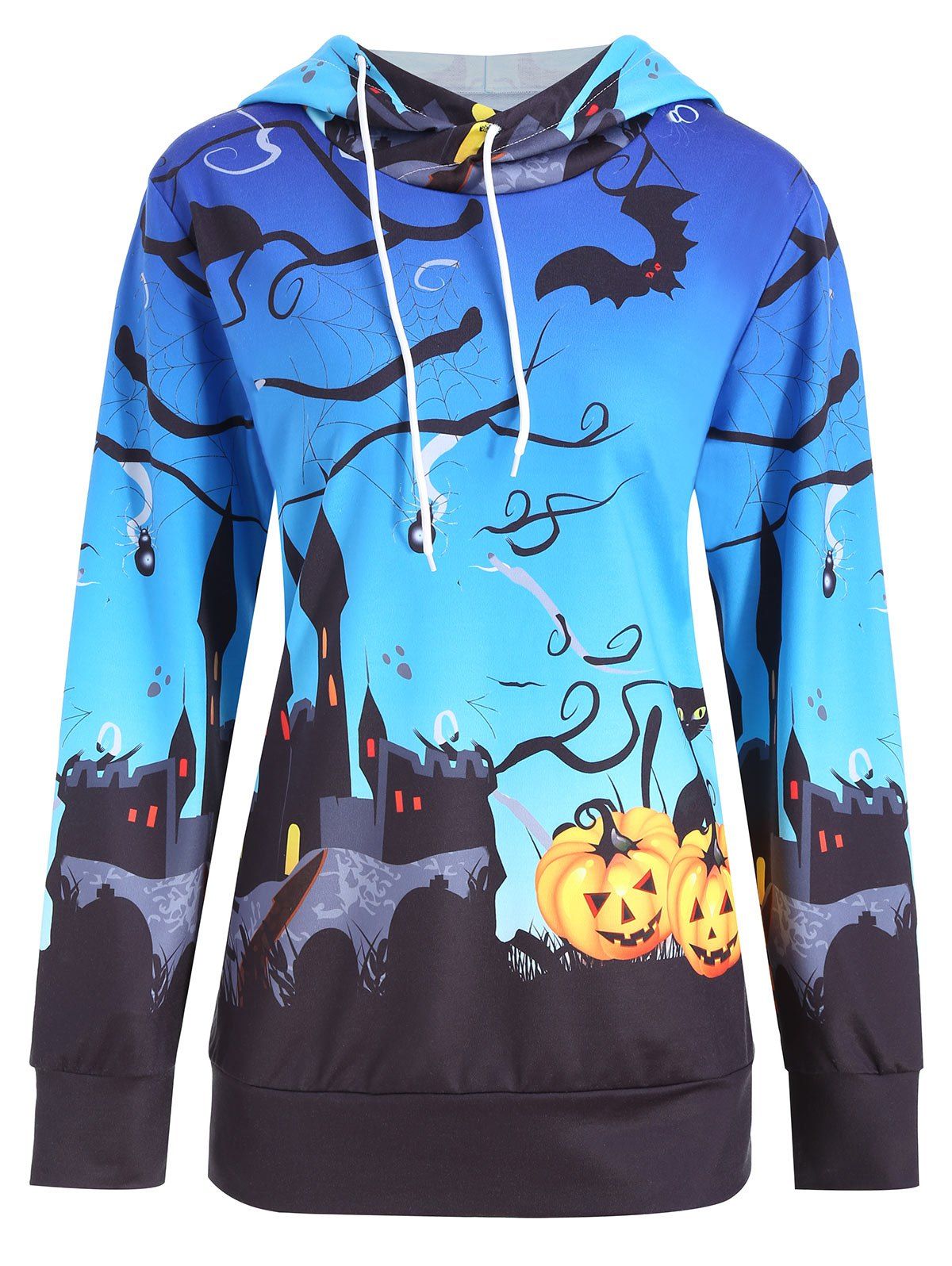 

Plus Size Halloween Pumpkin Castle Print Hoodie, Blue
