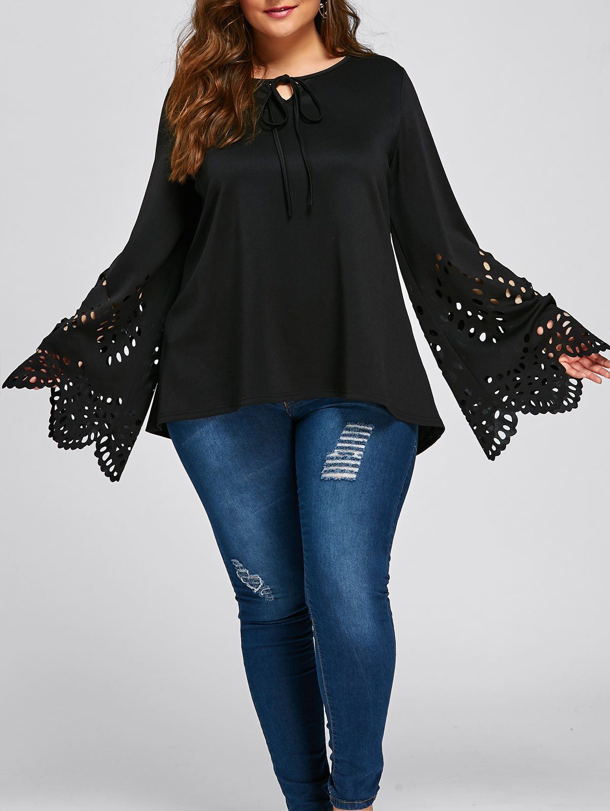 

Plus Size Openwork Flare Sleeve Top, Black