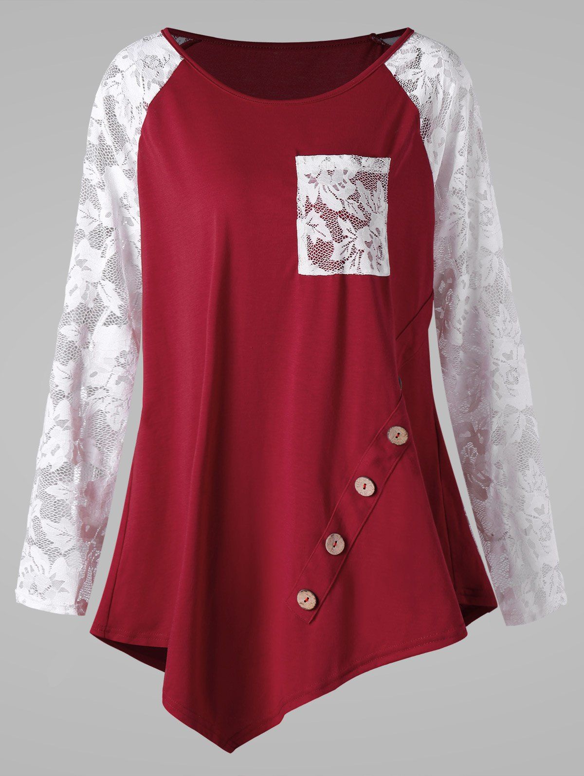 

Plus Size Lace Panel Pocket Raglan Sleeve Asymmetric T-shirt, Red and white