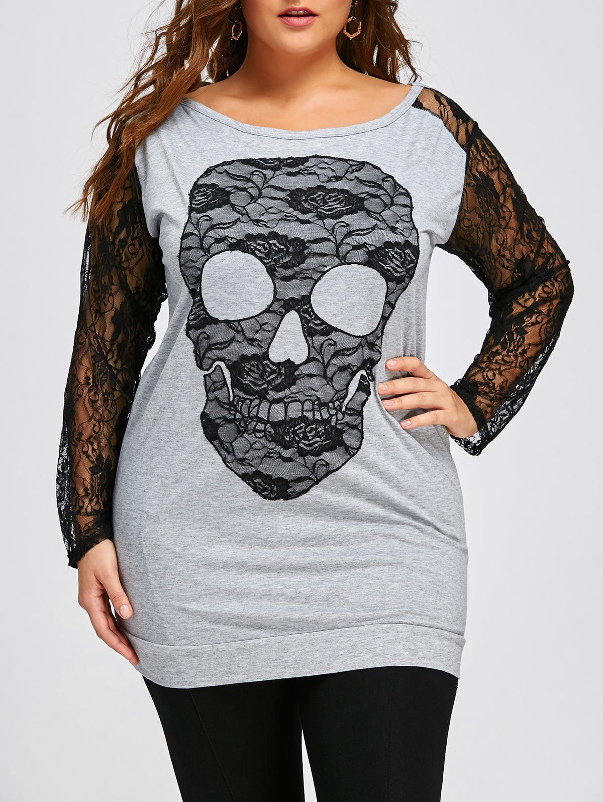 

Halloween Plus Size Lace Skull Longline Sweatshirt, Black and grey