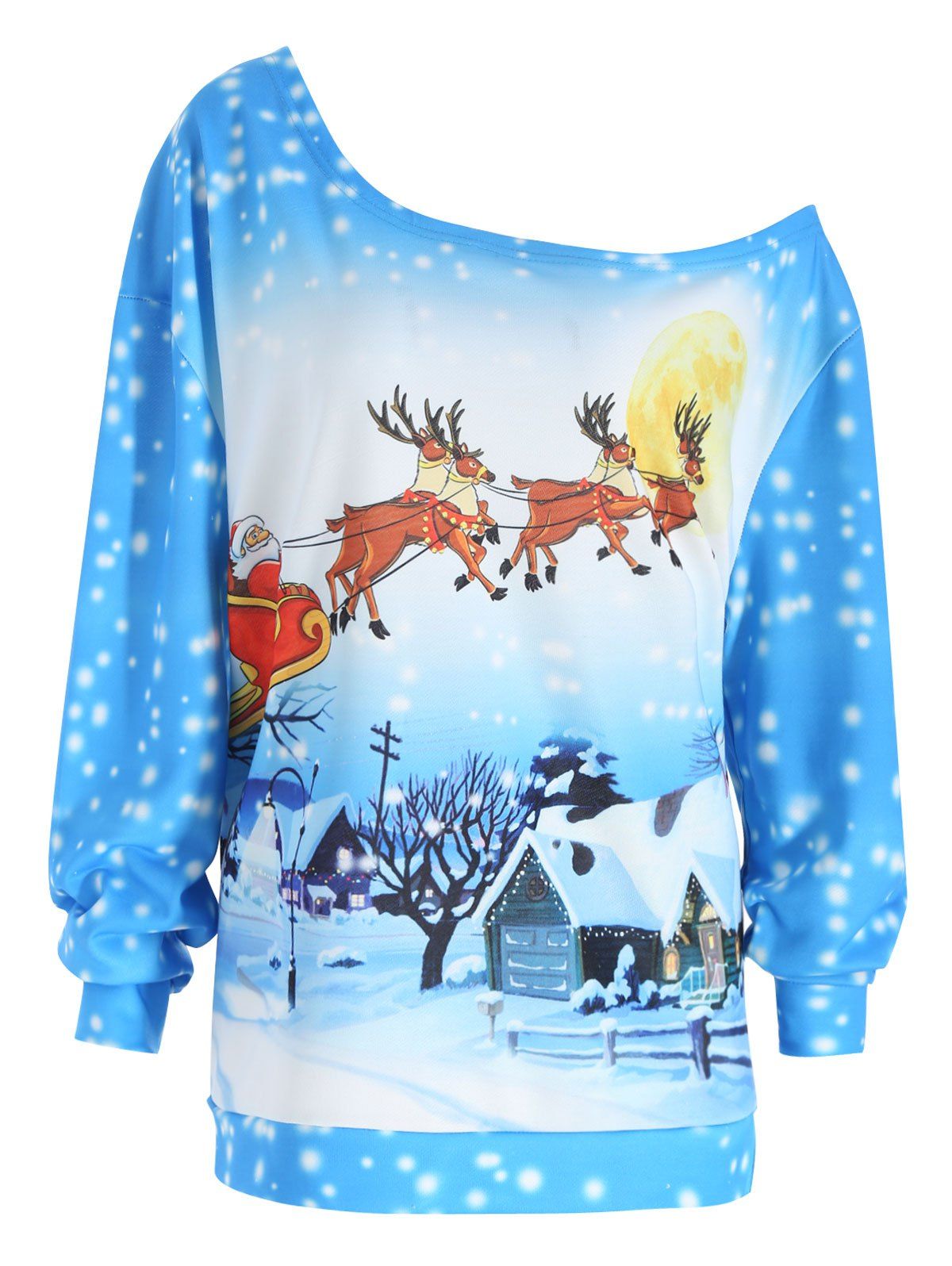 

Plus Size Christmas Deer Santa Claus Skew Neck Sweatshirt, Blue