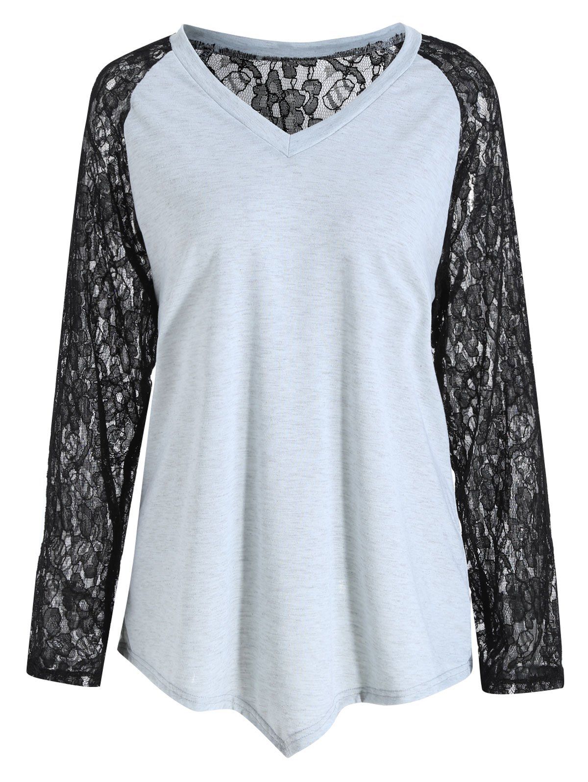 

Plus Size Sheer Lace Sleeve Panel Asymmetric T-shirt, Gray