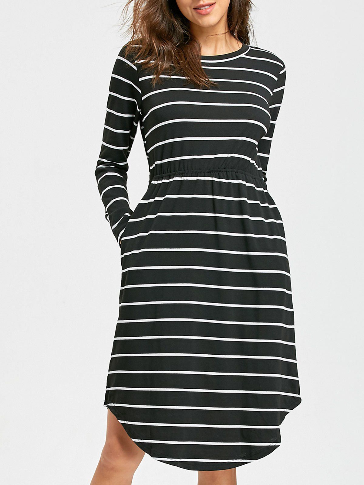 

Striped Asymmetrical Hem T Shirt Dress, Black