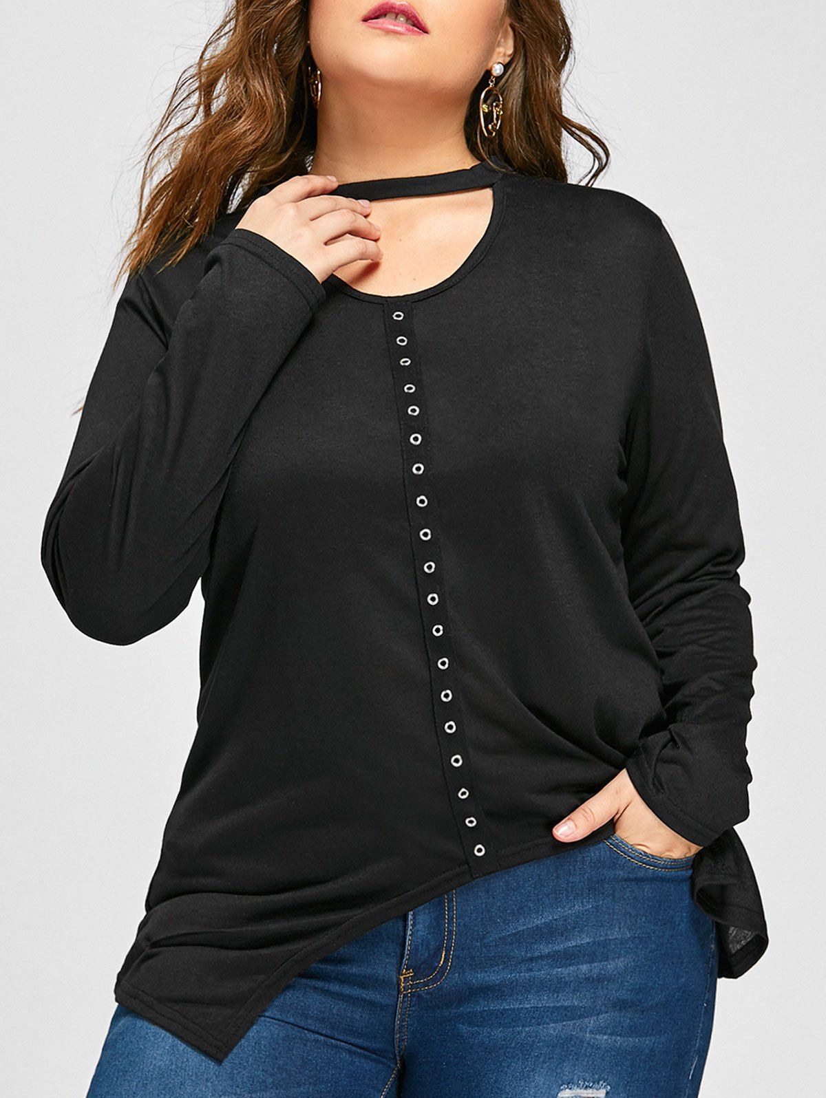 

Plus Size Keyhole Asymmetrical Grommet T-shirt, Black