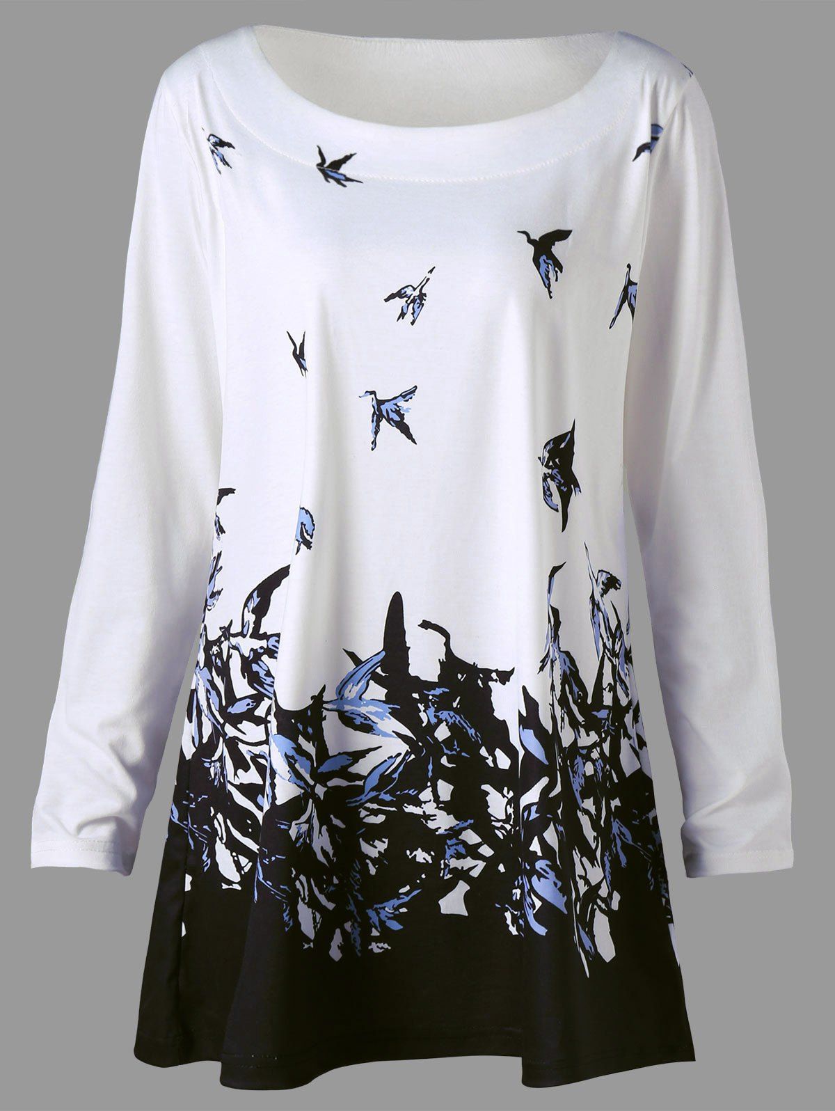 

Plus Size Bird Print Long Sleeve T-shirt, White
