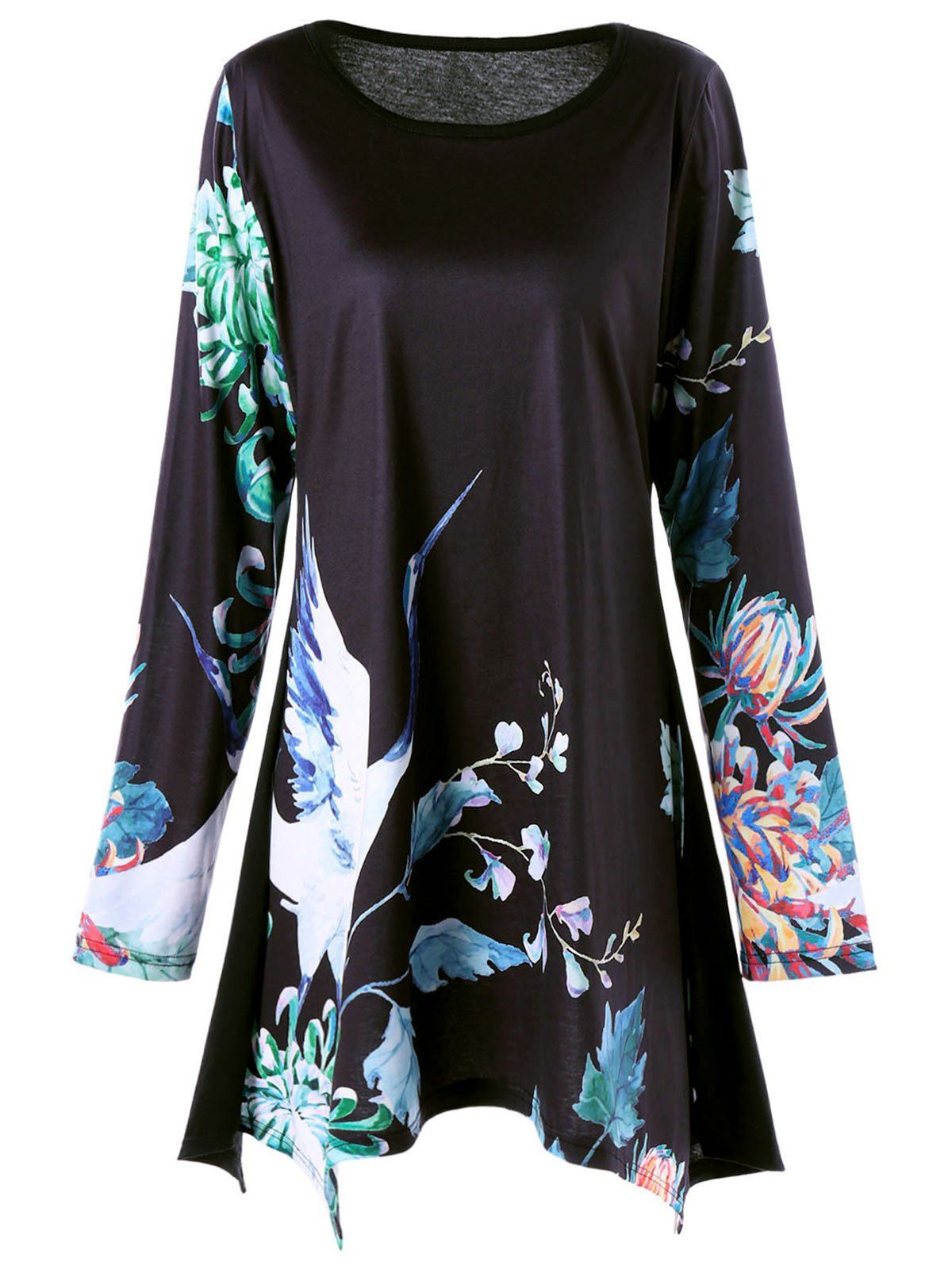 

Plus Size Floral Crane Print Long Sleeve Asymmetric T-shirt, Black