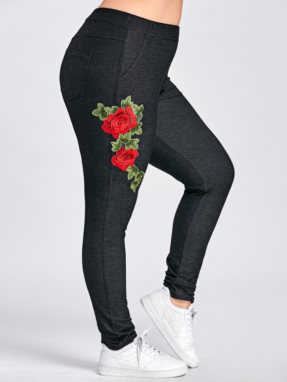 Pantalon Brodé Floral Moulant Grande Taille avec Poches - gris foncé XL