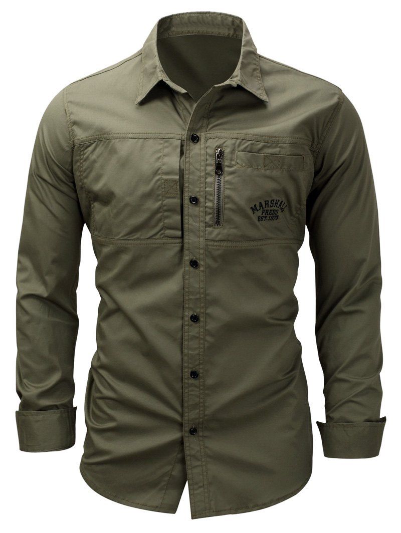 [17% OFF] 2020 Zipper Design Embroidered Cargo Shirt In ARMY GREEN ...