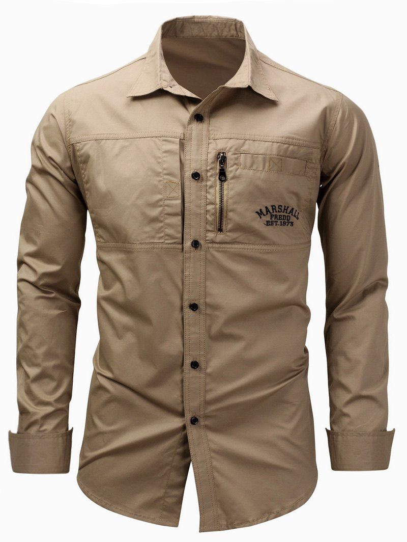 

Zipper Design Embroidered Cargo Shirt, Khaki