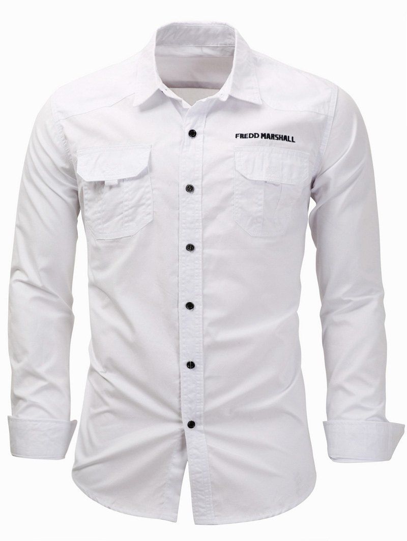 

Graphic Embroidery Long Sleeve Cargo Shirt, White