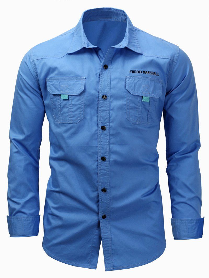 

Graphic Embroidery Long Sleeve Cargo Shirt, Blue
