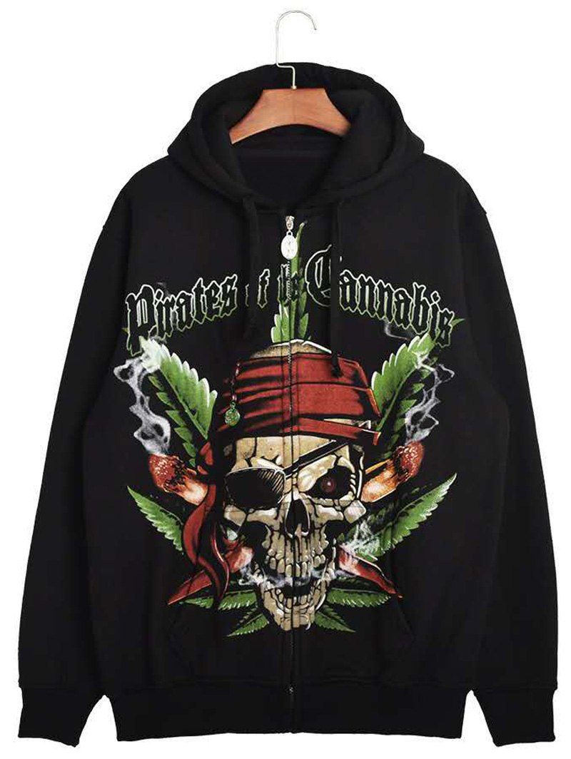 

3D Pirate Skull Print Zip Up Hoodie, Black