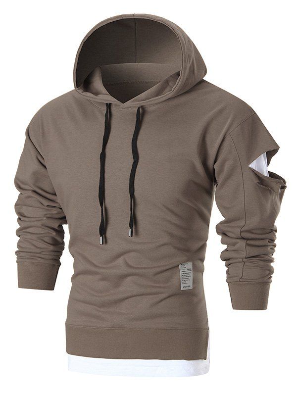 

Graphic Patch Distressed Sleeve Pullover Hoodie, Brown