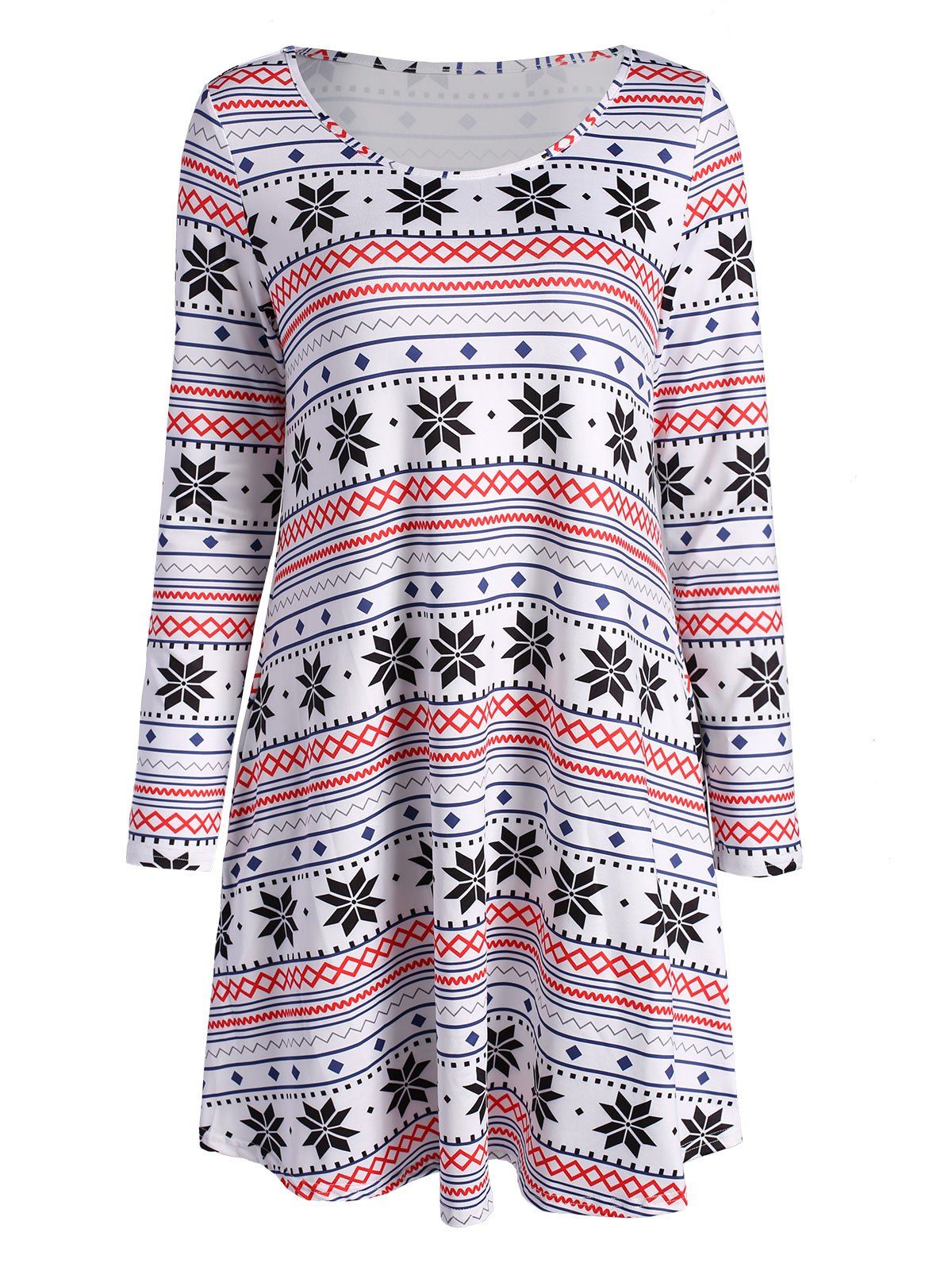 

Long Sleeve Snowflake and Lines Printed Dress, White