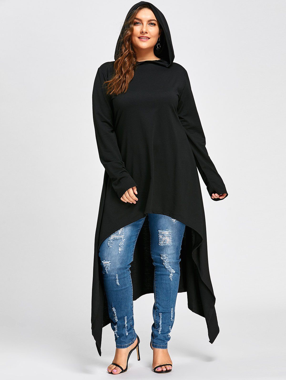 

Plus Size Maxi High Low Hooded Top, Black