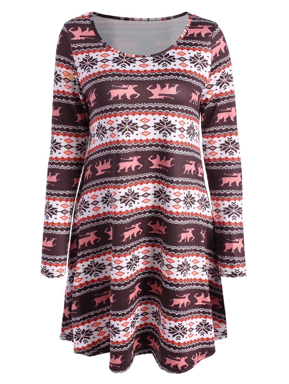 

Xmas Reindeer and Snowflake Printed Long Sleeve Dress, Colormix