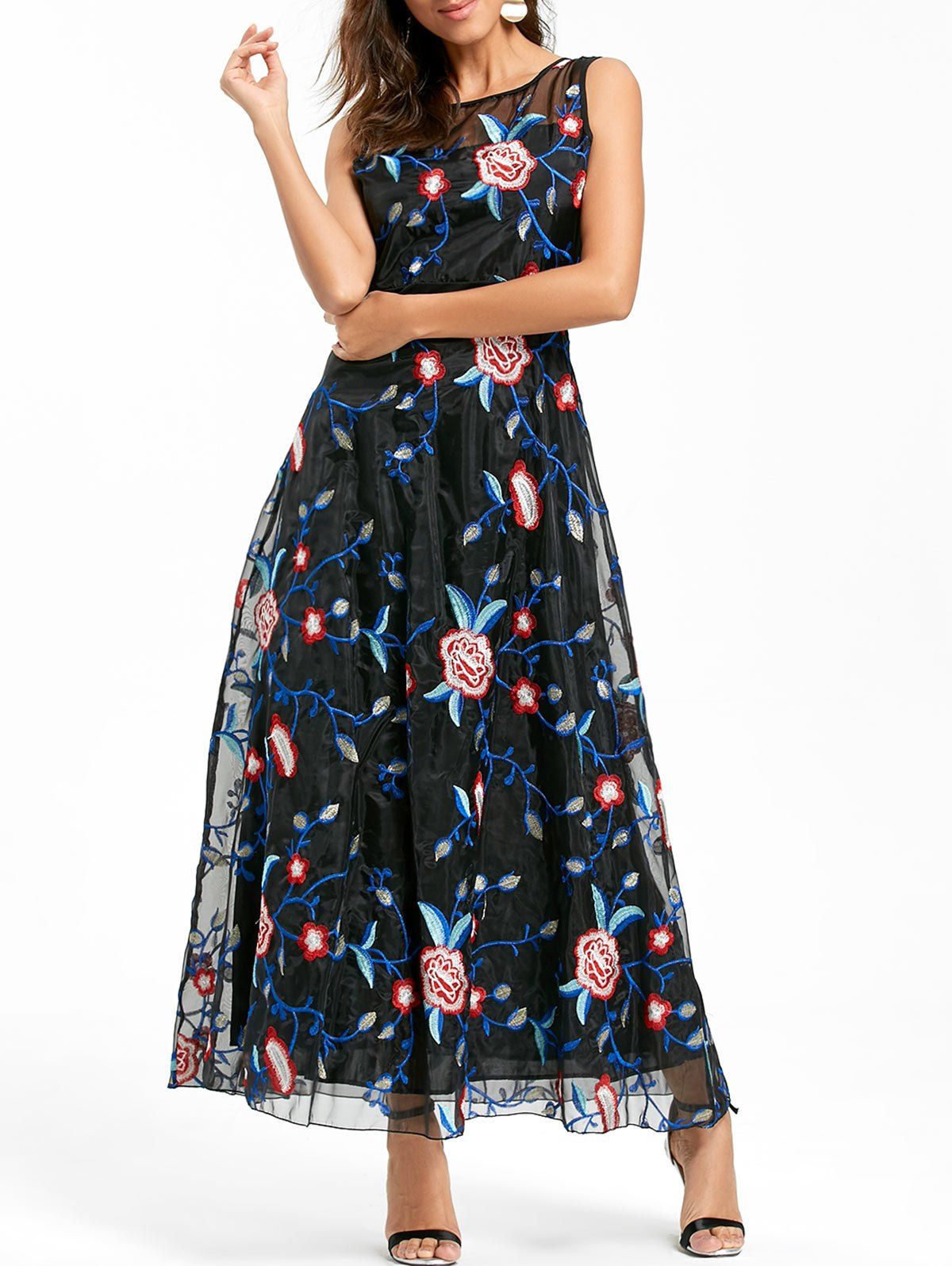 

Floral Embroidered Maxi Party Evening Dress, Black