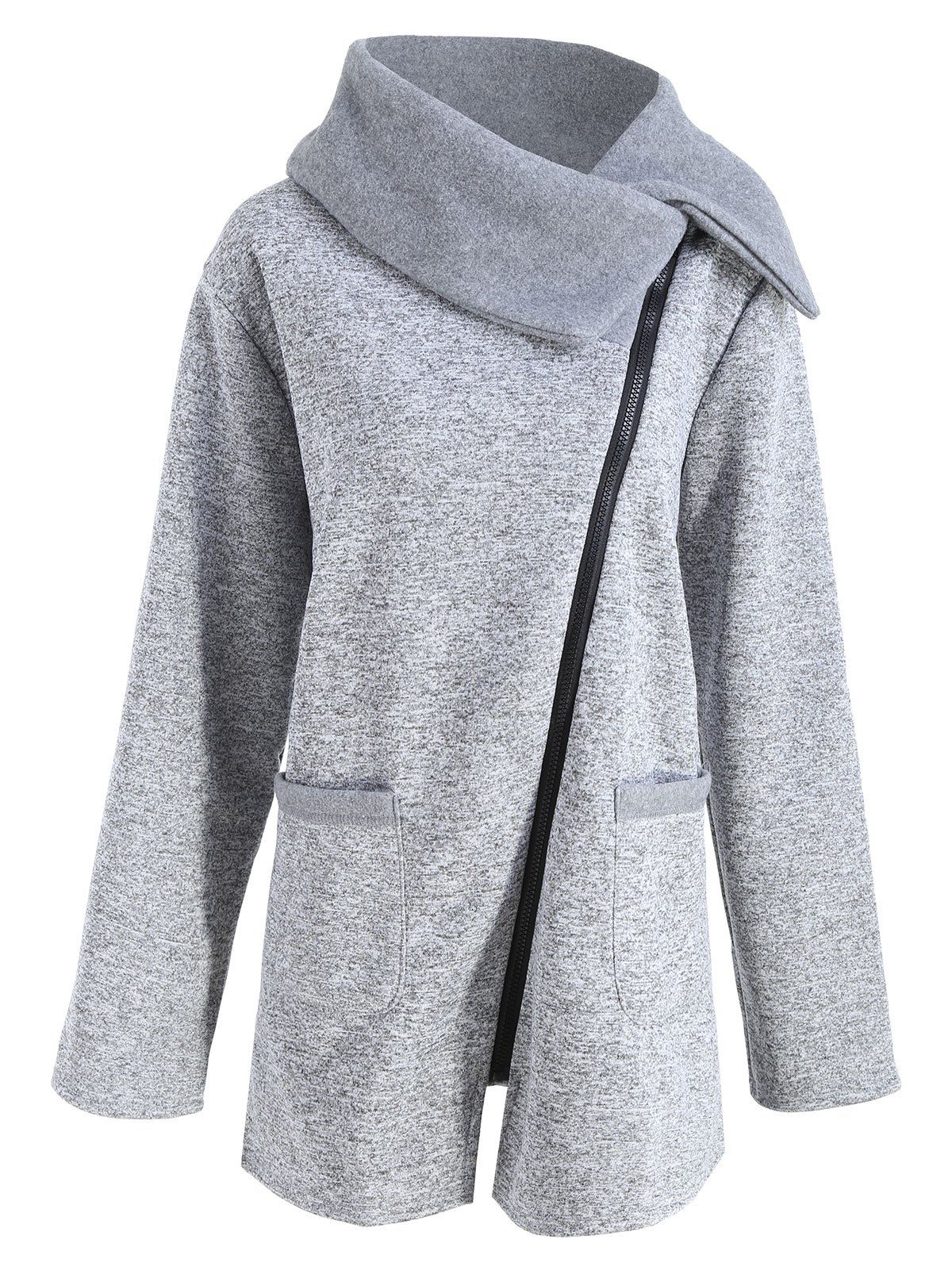 

Plus Size Fleece Oblique Zipper Turn Down Hoodie, Light grey